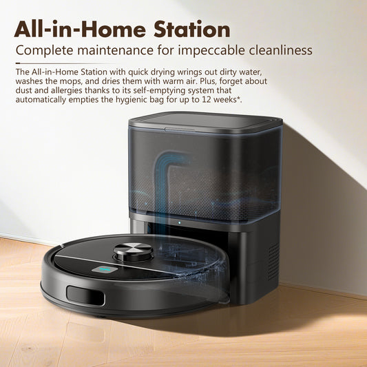 Select Society Robot Vacuum Cleaner with sleek, dark finish, showcasing its compact design and intelligent navigation system.