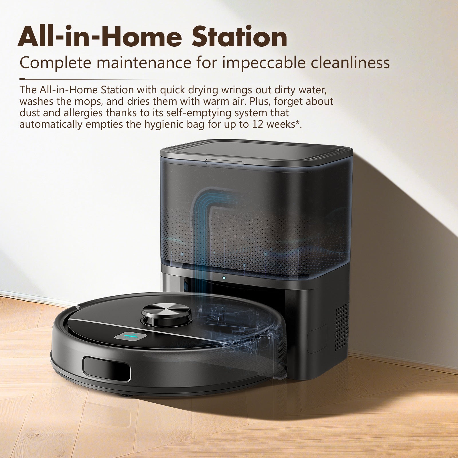 Select Society Robot Vacuum Cleaner with sleek, dark finish, showcasing its compact design and intelligent navigation system.