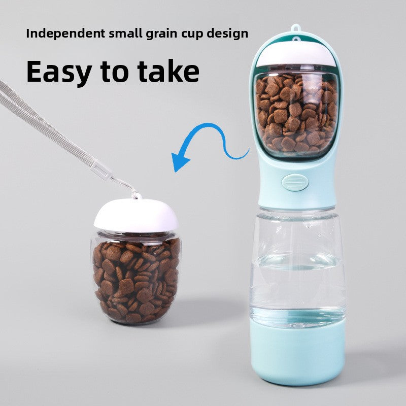 Select Society Portable Pet Water Dispenser in use, a pet happily drinking from the integrated bowl during an outing.