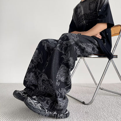 Side profile of Select Society Dragon Embroidered Black Jeans, emphasizing the sleek cut and unique design.