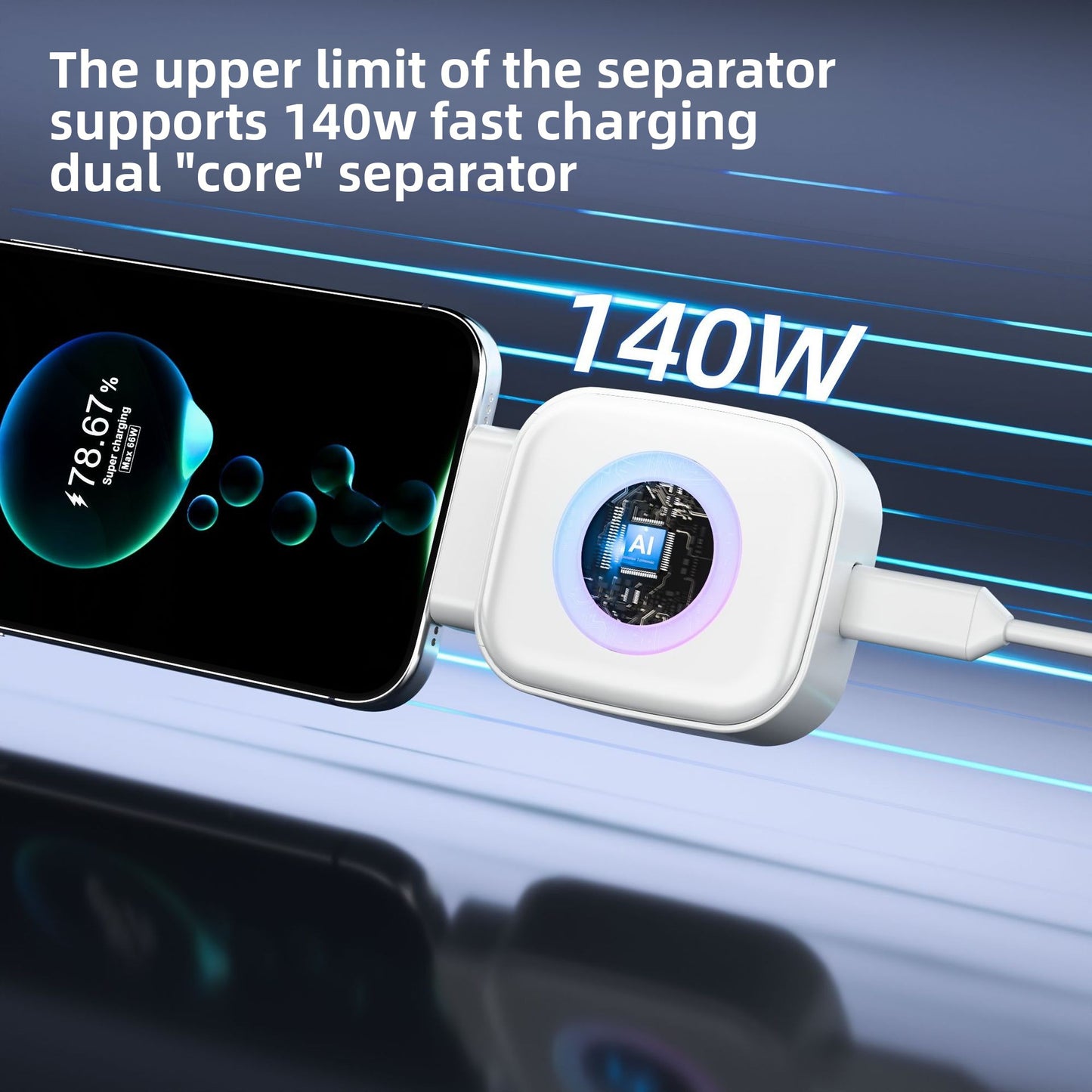 Select Society USB Fast Charger in use, efficiently charging a smartphone, demonstrating its fast charging capability.