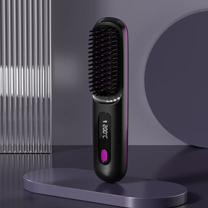 A user holding the Select Society Wireless Hair Straightening Comb, demonstrating its comfortable grip and ease of use.