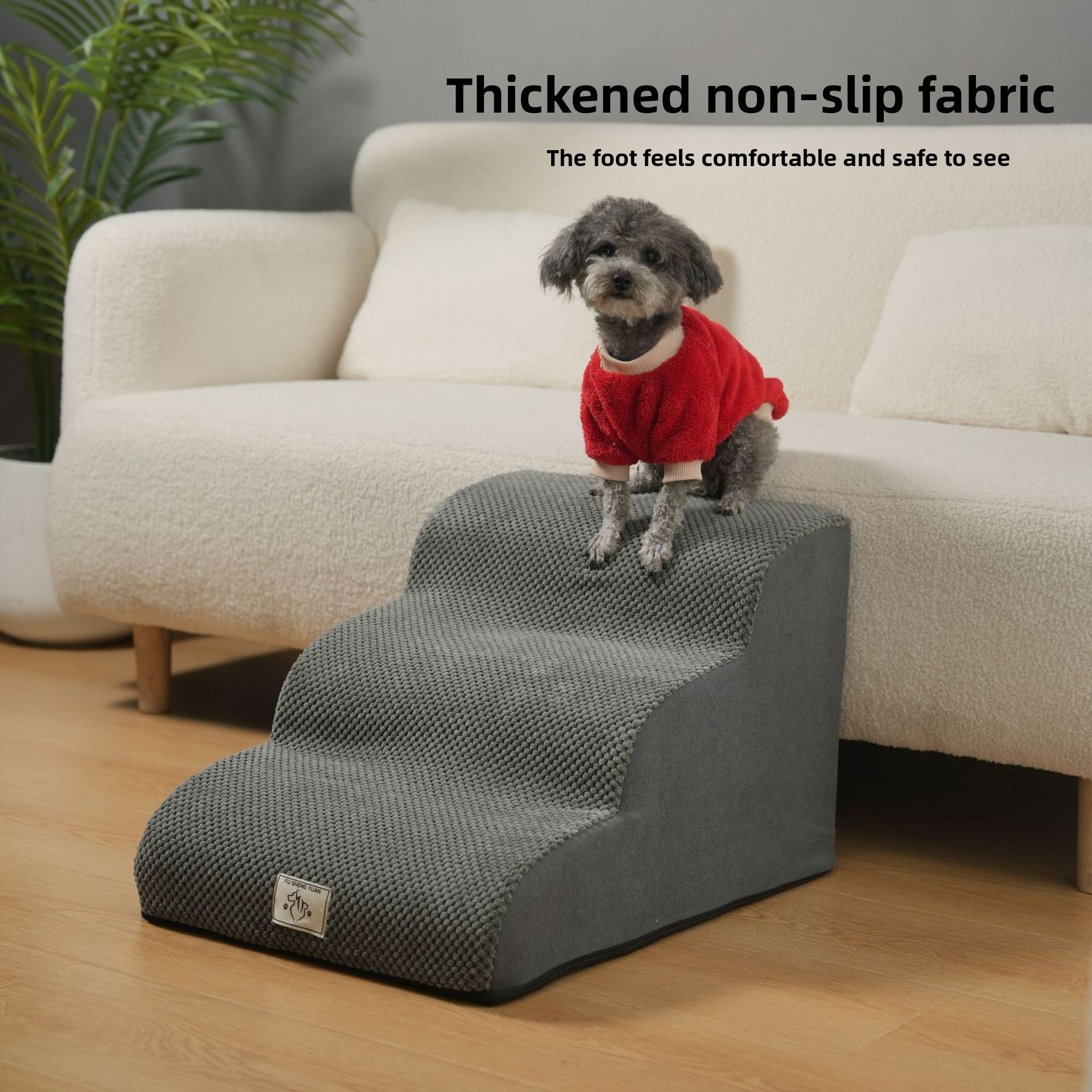 Select Society Pet Stairs in a home setting, demonstrating how pets can easily access furniture with the gentle incline.