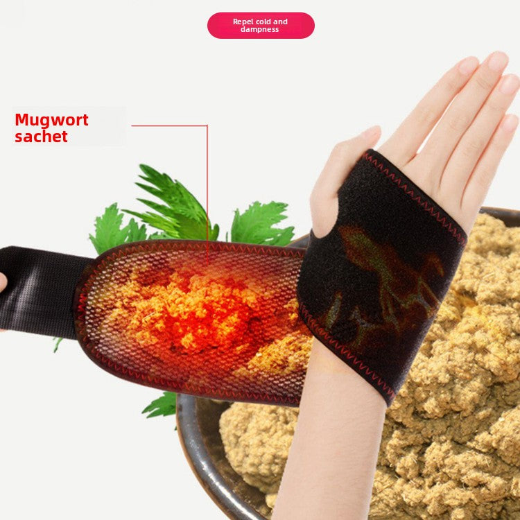 Select Society Electric Heating Wrist Brace worn on a wrist, demonstrating a secure and adjustable fit.