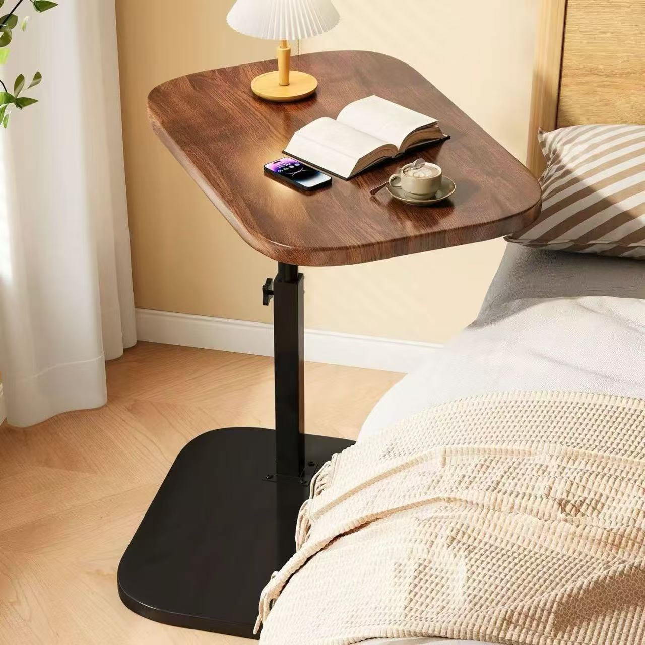 Overhead perspective of the Select Society Adjustable Sofa Side Table's spacious 60cm tabletop, ready for use.
