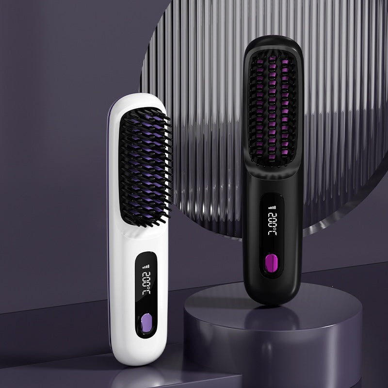 Close-up of Select Society Wireless Hair Straightening Comb's digital display showing precise temperature control.