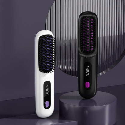Close-up of Select Society Wireless Hair Straightening Comb's digital display showing precise temperature control.