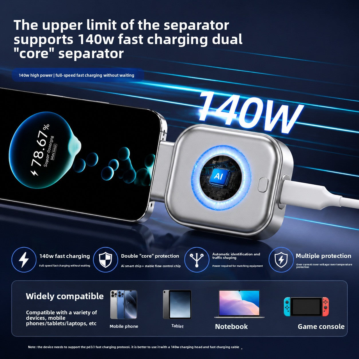 Select Society USB Fast Charger with AI Recognition, showcasing its compact, durable black design from a side angle.