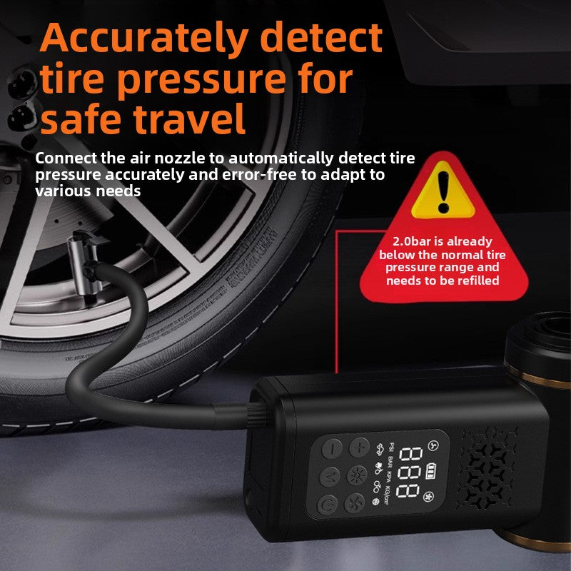 Select Society Tire Inflator feature, highlighting the digital pressure gauge and sturdy air hose for precise tire maintenanc