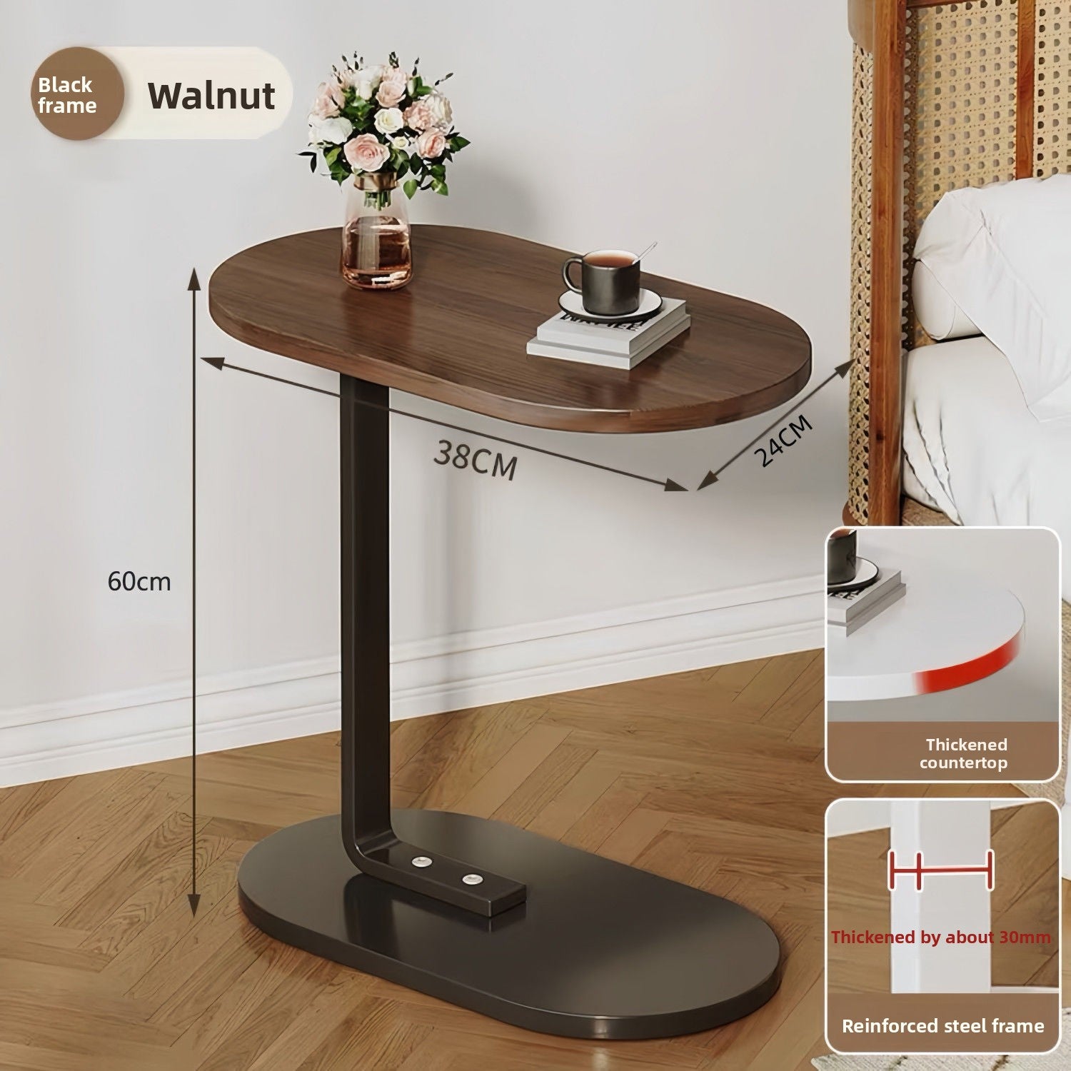 Lifestyle shot: Select Society Adjustable Sofa Side Table 60cm positioned next to a sofa, holding a cup and book.