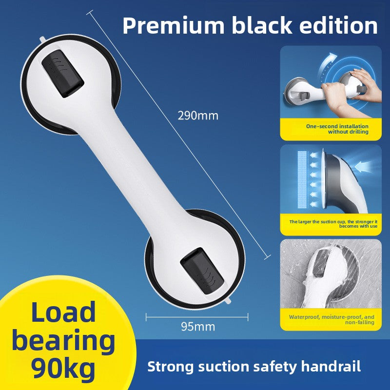 User's hand gripping the ergonomic design of the Select Society no-drill bathroom safety handle.