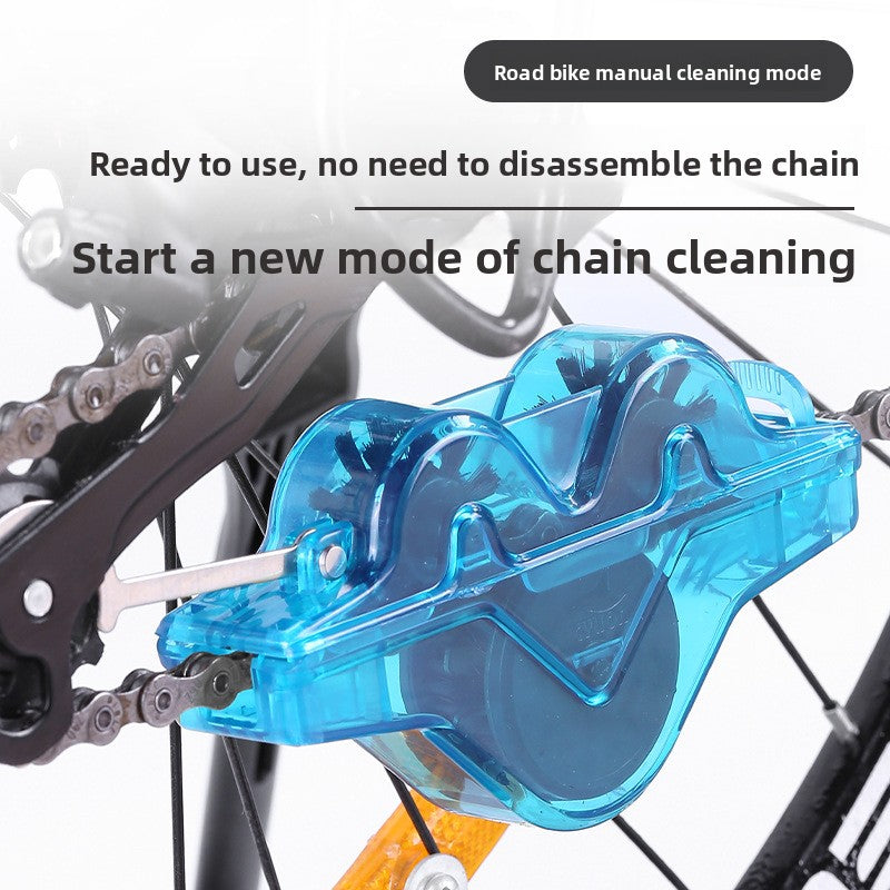 Select Society Bicycle Chain Cleaner Tool Frog Washer attached to a bicycle chain, illustrating its practical application.