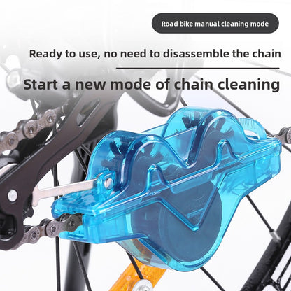 Select Society Bicycle Chain Cleaner Tool Frog Washer attached to a bicycle chain, illustrating its practical application.