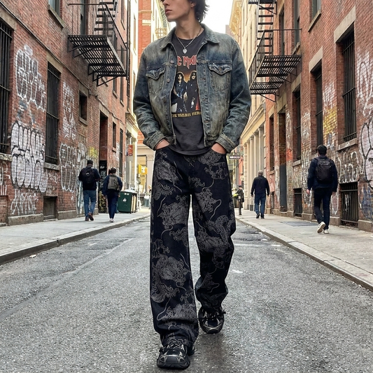 Dragon Embroidered Jeans Black